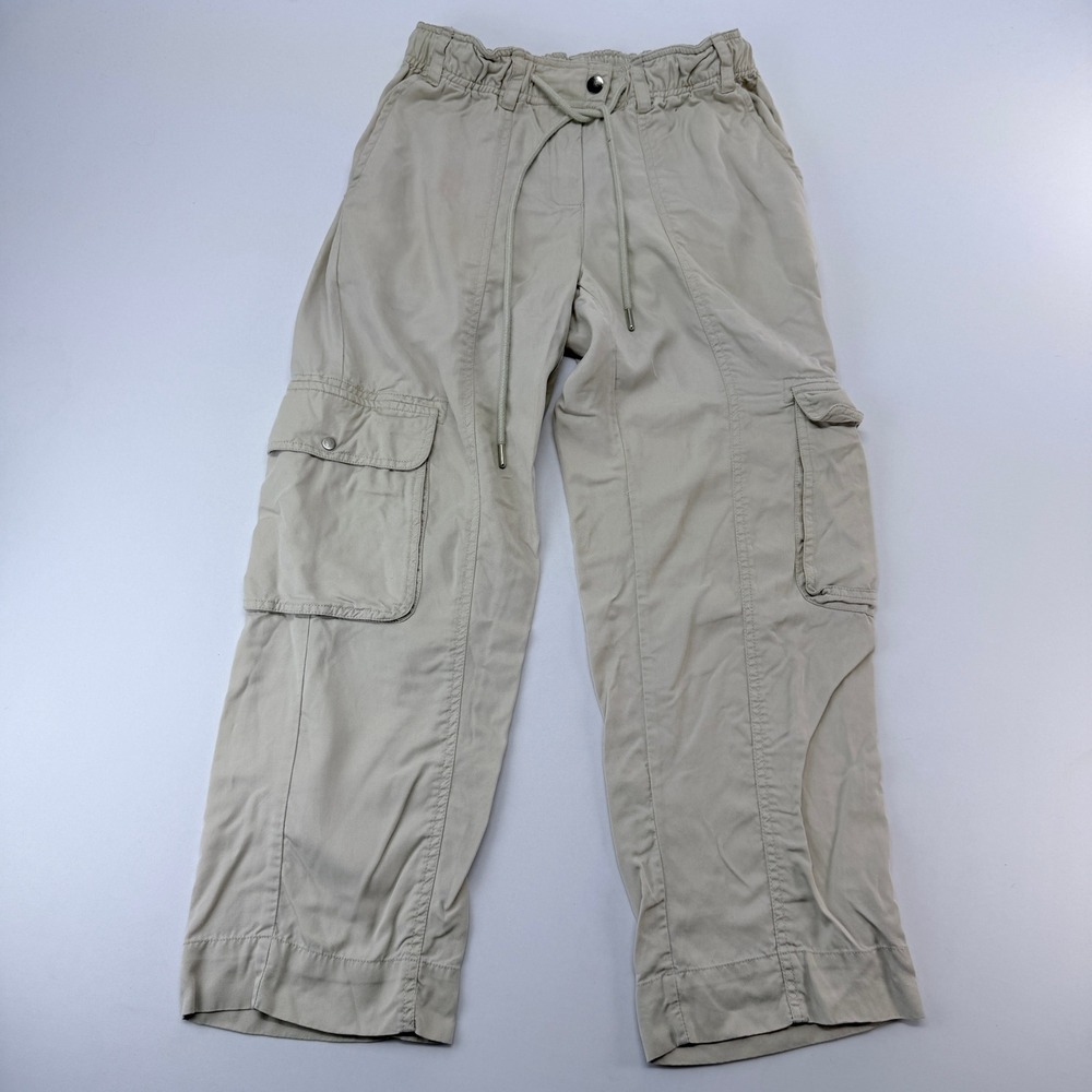 Quince 100% Tencel Lyocell Cargo Pants Beige Wide Leg Elastic Waist Small Spot